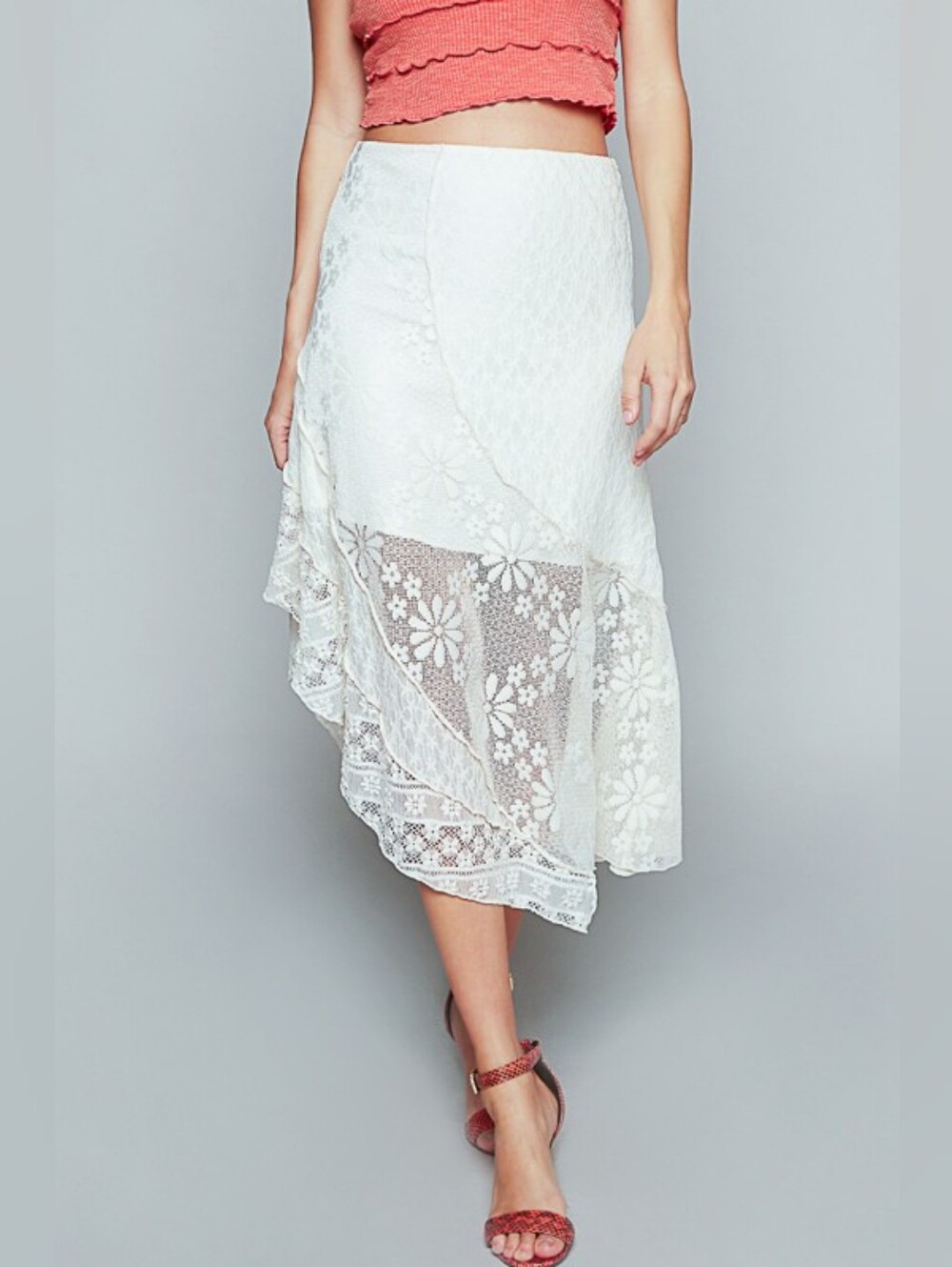 10-0614 POL White Lace Asymmetrical Midi Skirt - subtle patchwork